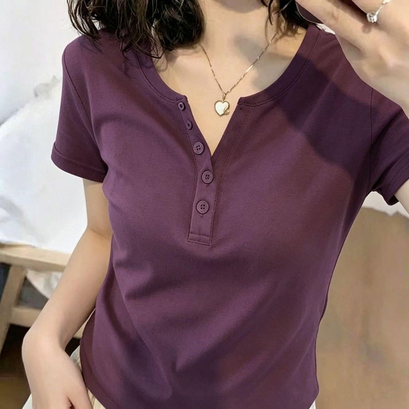 بالإضافة إلى حجم النساء الموضة الجديدة V-Neck زر قصيرة الأكمام تي شيرت ، التخسيس والتنوع ، مناسبة للأرقام السمينة قليلا - Image 5