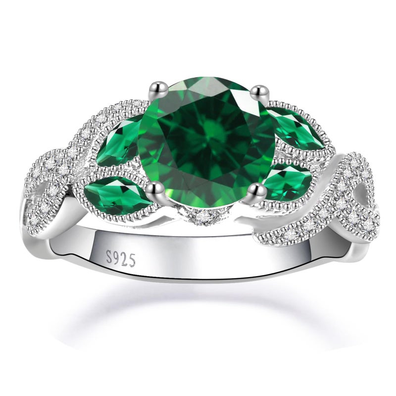 Yaresul 3.6ct Women's Round Created Emerald Ring 925 Sterling Silver Emerald Engagement Rings for Women Bezel Setting Marquise Statement Ring Size 8 - Image 2