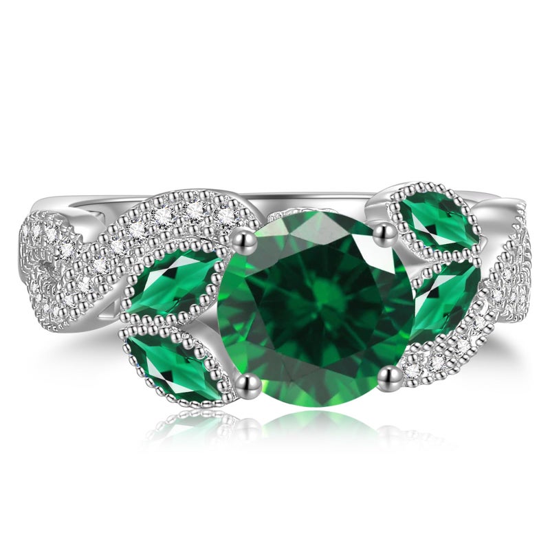 Yaresul 3.6ct Women's Round Created Emerald Ring 925 Sterling Silver Emerald Engagement Rings for Women Bezel Setting Marquise Statement Ring Size 8 - Image 3