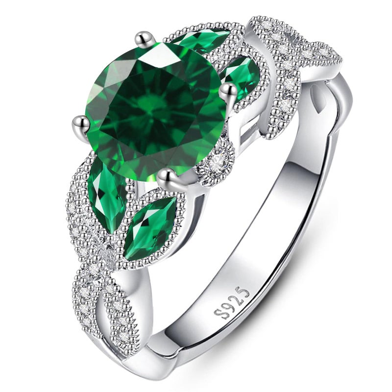 Yaresul 3.6ct Women's Round Created Emerald Ring 925 Sterling Silver Emerald Engagement Rings for Women Bezel Setting Marquise Statement Ring Size 8 - Image 1