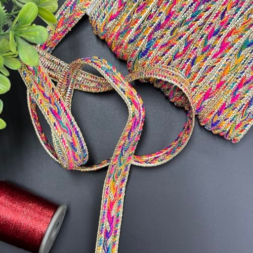 EmbroideryMaterial Multicolor Zari Border Lace 16mm Wide, 8 Meters | Temple Design Kashmiri Kullu Patti Lace for Saree, Lehenga, Blouse, Dupatta & Kurti | Fancy Laces and Borders - Image 5