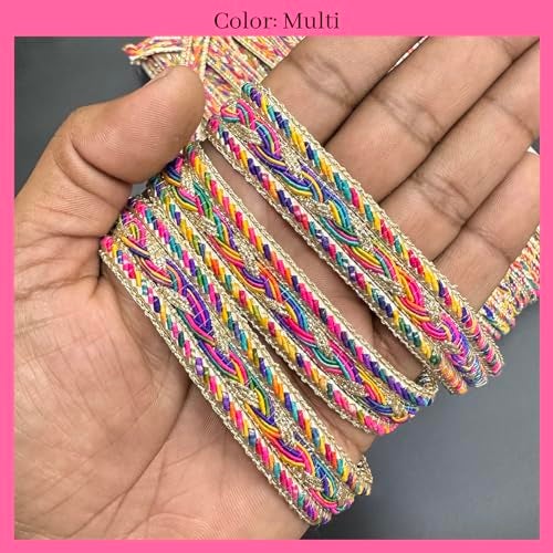 EmbroideryMaterial Multicolor Zari Border Lace 16mm Wide, 8 Meters | Temple Design Kashmiri Kullu Patti Lace for Saree, Lehenga, Blouse, Dupatta & Kurti | Fancy Laces and Borders - Image 3