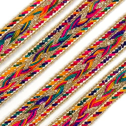 EmbroideryMaterial Multicolor Zari Border Lace 16mm Wide, 8 Meters | Temple Design Kashmiri Kullu Patti Lace for Saree, Lehenga, Blouse, Dupatta & Kurti | Fancy Laces and Borders - Image 1