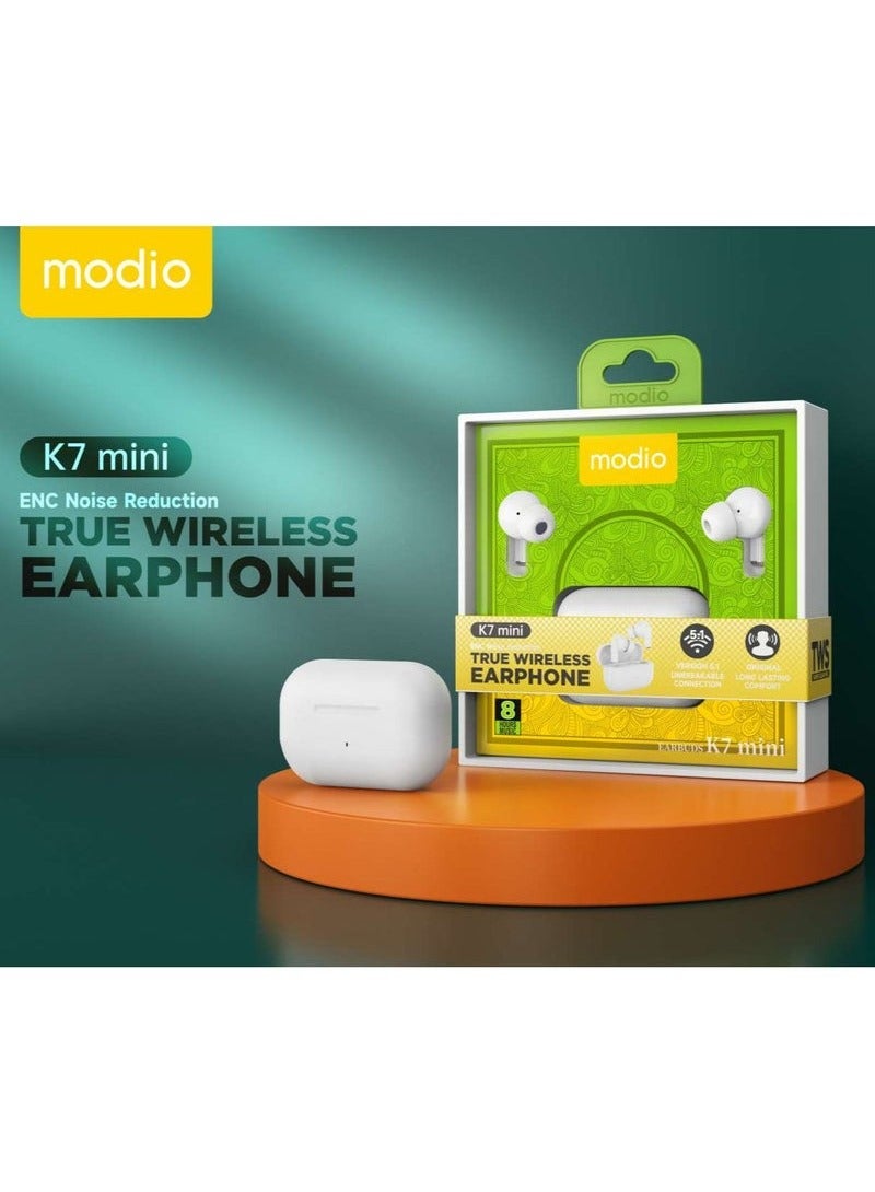 modio K7 Mini Wireless Earphones – Enhanced Noise Cancellation, Super Bass Sound & Touch Control for Android Mobiles & Tablets (White) - Image 3