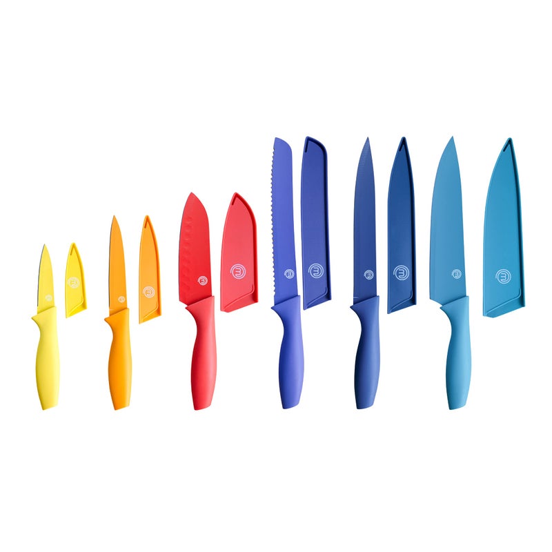 MasterChef Kitchen Knife Set with Covers incl Paring Boning Carving Bread Santoku  Chef Knife Sharp Cutting Stainless Steel Blades with Sheaths 12 Piece 6 Colored Kitchen Knives  6 Covers