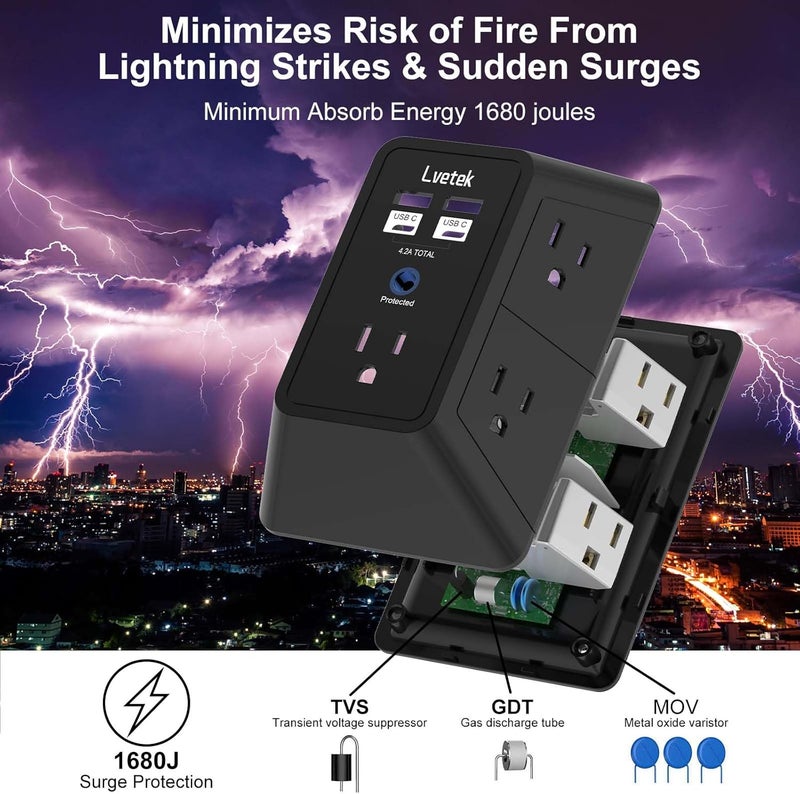 Lvetek 3-Sided Outlet Extender, Surge Protector Outlet with 5-Multi Plug Wall Outlet and 4 USB Ports(2 USB C), USB Wall Charger Power Strip(1680J), Outlet Splitter for Home Travel Office, ETL Listed, Black - Image 5