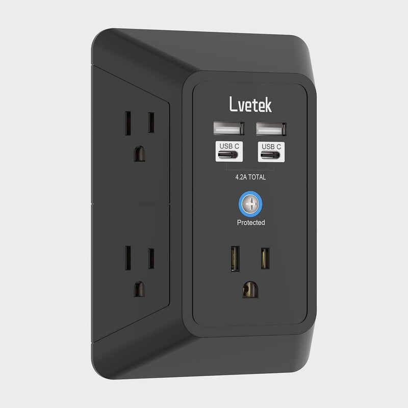 Lvetek 3-Sided Outlet Extender, Surge Protector Outlet with 5-Multi Plug Wall Outlet and 4 USB Ports(2 USB C), USB Wall Charger Power Strip(1680J), Outlet Splitter for Home Travel Office, ETL Listed, Black - Image 1
