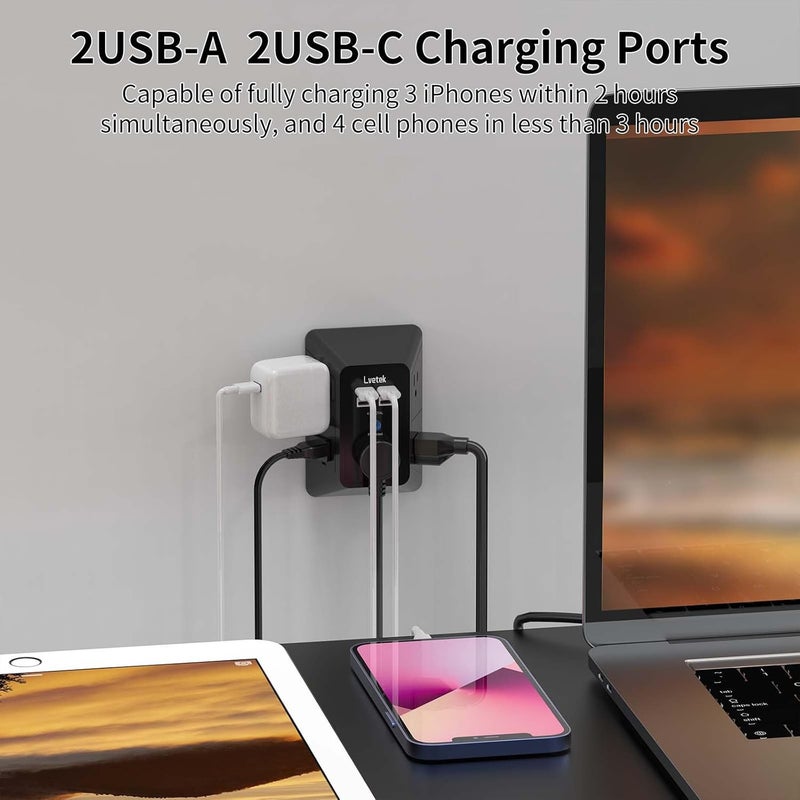Lvetek 3-Sided Outlet Extender, Surge Protector Outlet with 5-Multi Plug Wall Outlet and 4 USB Ports(2 USB C), USB Wall Charger Power Strip(1680J), Outlet Splitter for Home Travel Office, ETL Listed, Black - Image 3