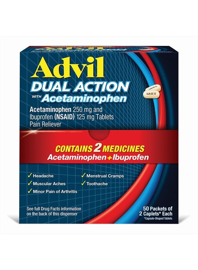 Advil Dual Action Coated Caplets with Acetaminophen, 250 Mg Ibuprofen and 500 Mg Acetaminophen Per Dose (2 Dose Equivalent) for 8 Hour Pain Relief - 2 Count x 50 - Image 1