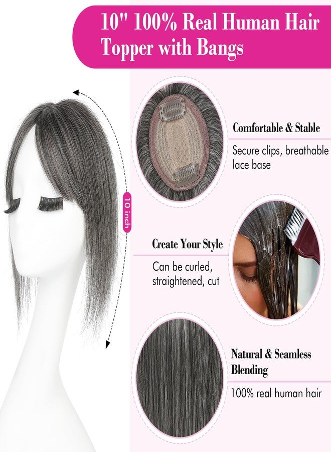 REECHO Hair Toppers for Women Real Human Hair, 10 inch Hair Toppers with Bangs for Women with Thinning Hairs, Dark Grey - Image 3