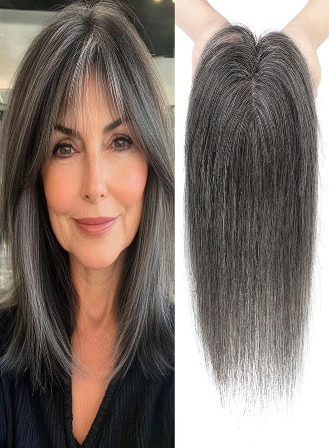 REECHO Hair Toppers for Women Real Human Hair, 10 inch Hair Toppers with Bangs for Women with Thinning Hairs, Dark Grey - Image 1