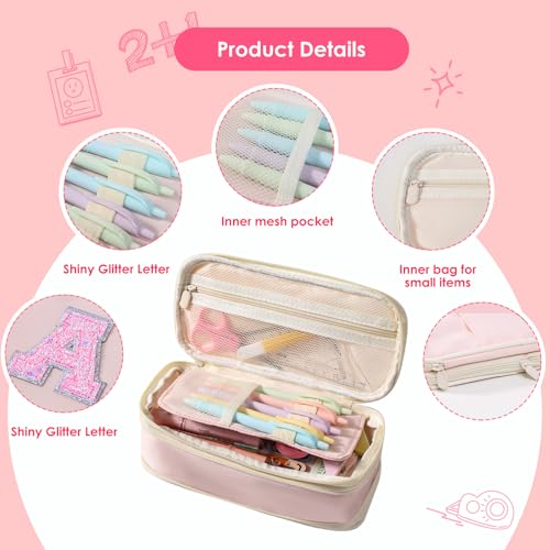 Janhavi Preppy Pencil Case for School Supplies, Initial Large Pink Pencil Case Organizer with Zipper, Cute Pencil Bag Holder for Office, Ideal Birthday Gift for Kids,8,9,10 Years Old Girls, Adults--Pink H - Image 5