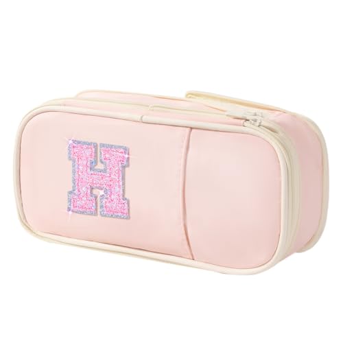 Janhavi Preppy Pencil Case for School Supplies, Initial Large Pink Pencil Case Organizer with Zipper, Cute Pencil Bag Holder for Office, Ideal Birthday Gift for Kids,8,9,10 Years Old Girls, Adults--Pink H - Image 1