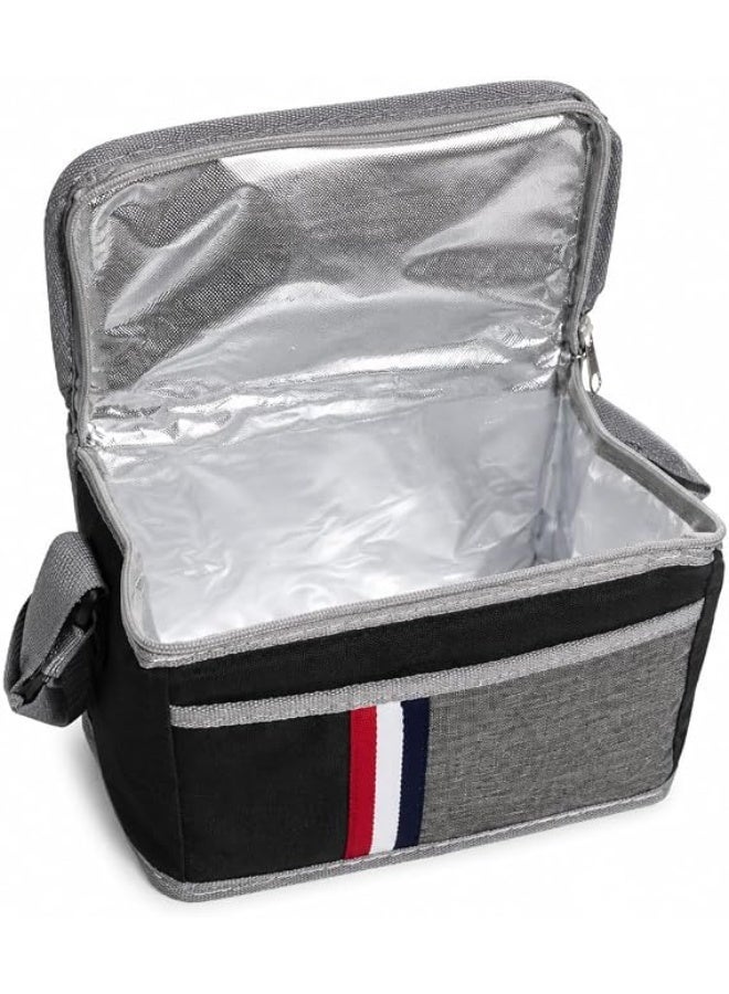 Medium-sized insulated lunch bag, 7-liter capacity, for food storage, equipped with an adjustable shoulder strap and a front zippered pocket. Ideal for travel, work, picnics, and camping. Dimensions: 25 x 15 x 18 cm. Color: Black. - Image 1