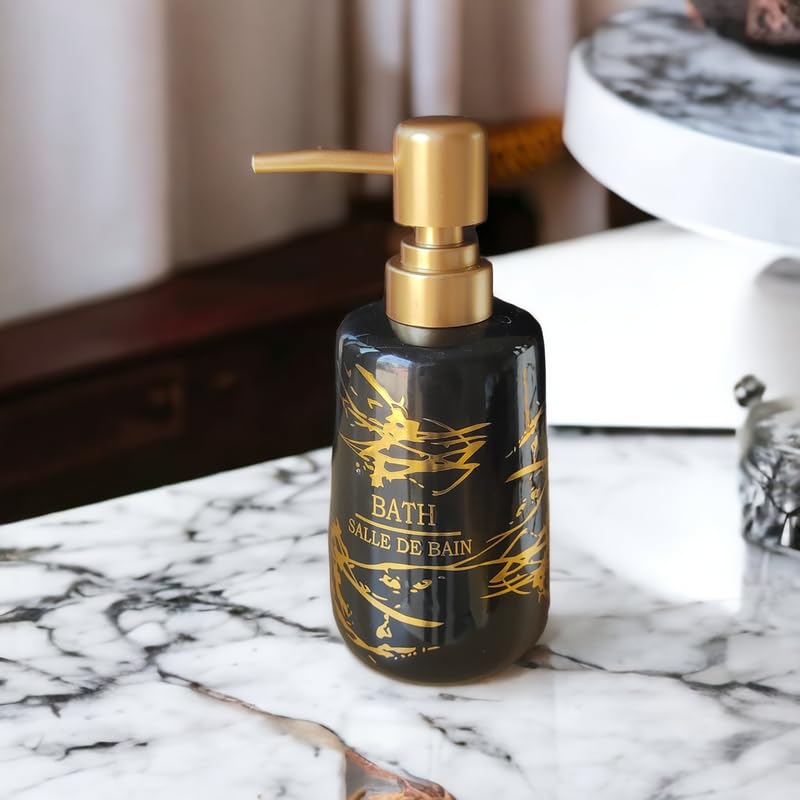 Whizzo Italian Marble Design Liquid Soap, Shampoo, Conditioner, Shower Gel Dispenser for Bathroom & Kitchen (350ML, Black, Ceramic) - Image 2