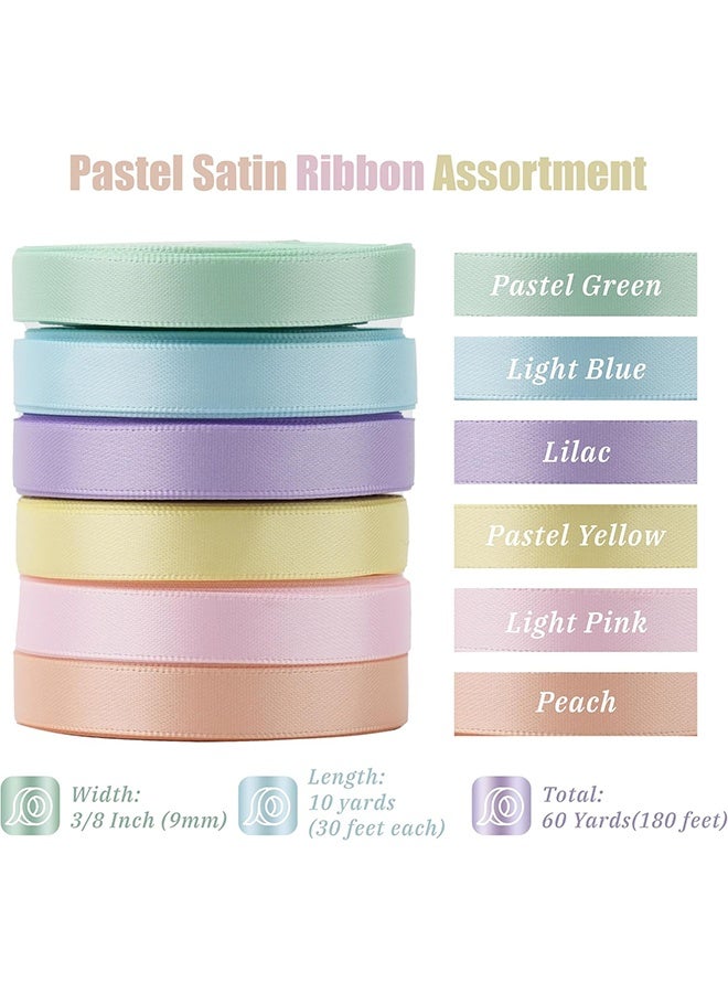 Lemon Pastel Ribbon for Crafts Pastel Rainbow Ribbon 3/8" Double Face Satin 6 Rolls Assortment Thin for Gift Wrapping,Wedding Party Decorations - 60 Yards - Image 2