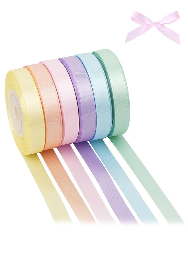 Lemon Pastel Ribbon for Crafts Pastel Rainbow Ribbon 3/8" Double Face Satin 6 Rolls Assortment Thin for Gift Wrapping,Wedding Party Decorations - 60 Yards - Image 1