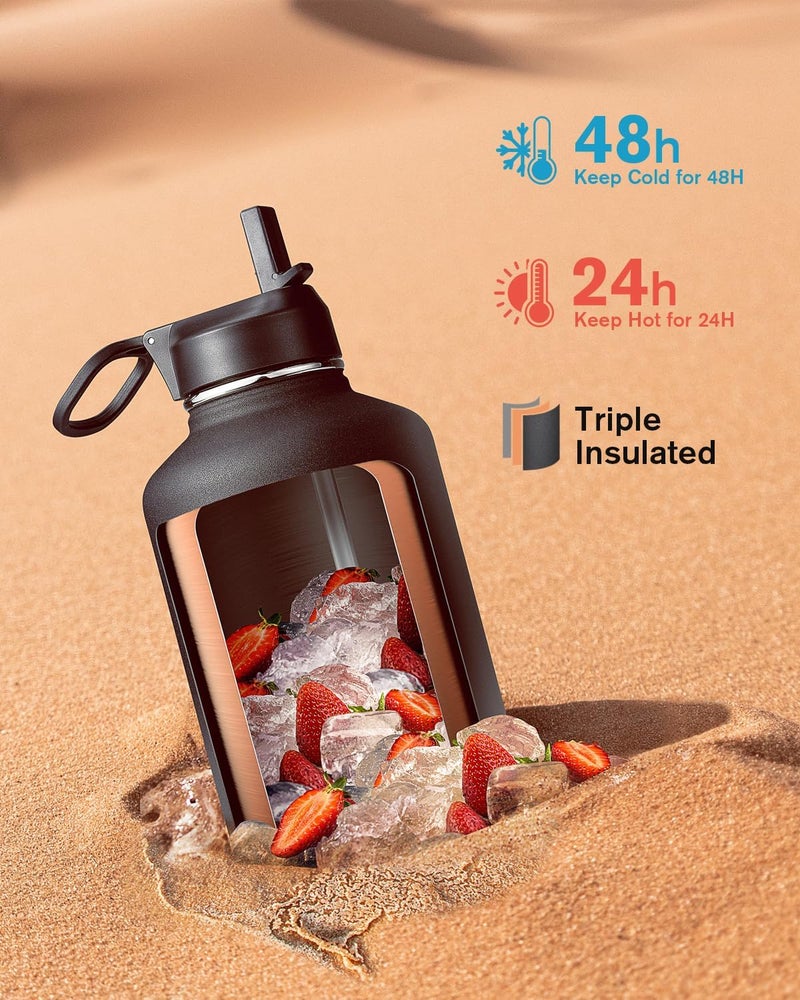 Coolflask Half Gallon 2 Liters 1900ml Insulated Water Bottle with Straw & 3 Lids, 64 oz Water Jug Large Metal Stainless Steel Wide Mouth, BPA-Free Keep Cold 48H Hot 24H, Piano Night - Image 2