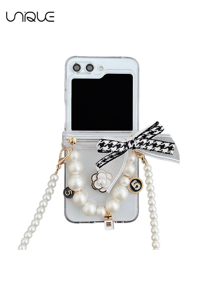 Unique For Galaxy Z Flip 5 Phone Case, White Camellia Phone Case, Portable Pearl Strand + Pearl Shoulder Strap - Stylish Simple Phone Case for Girls Ladies - Transparent - Image 1