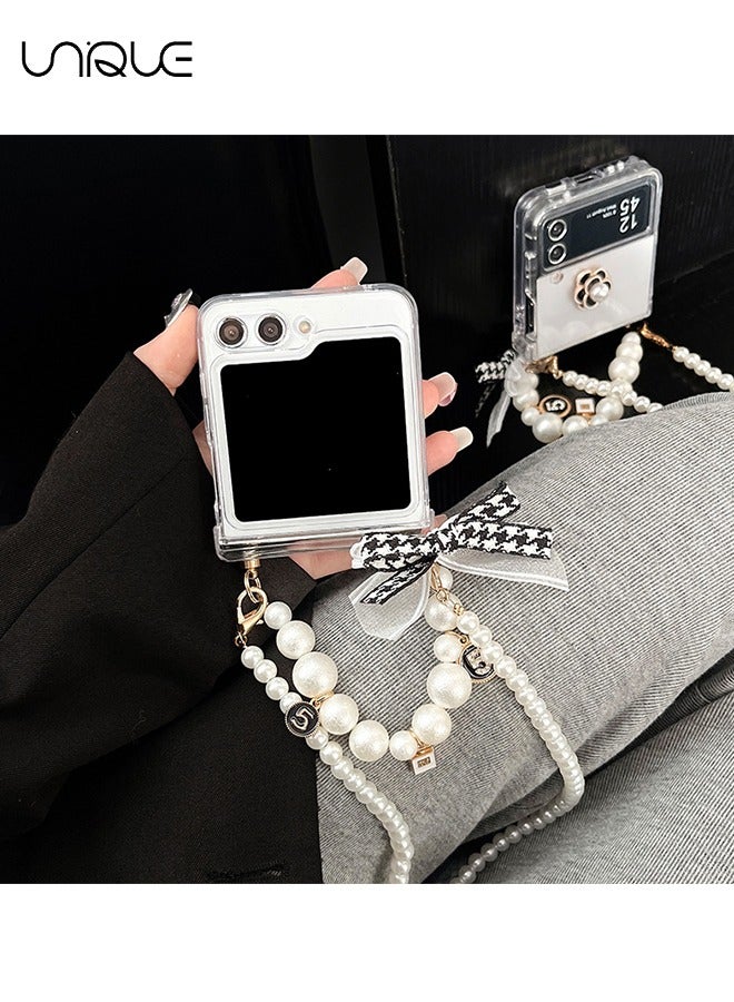 Unique For Galaxy Z Flip 5 Phone Case, White Camellia Phone Case, Portable Pearl Strand + Pearl Shoulder Strap - Stylish Simple Phone Case for Girls Ladies - Transparent - Image 3