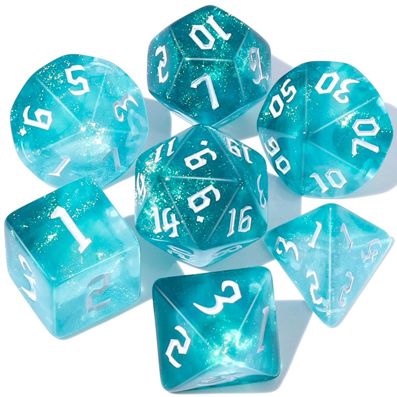 CiaraQ DND Polyhedral Dice Set for Dungeons and Dragons RPG MTG Role Playing Table Gameswith 1 Dice Pouch Aquamarine Glitter - Image 3