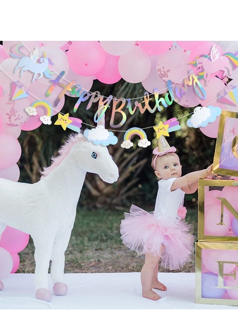 SYOSI Unicorn Banner Reusable Sparkling Happy Birthday Banner Rainbow White Cloud Star Design Party Supplies Decorations for Baby Shower Kids Girls Women Men Birthday Wall Door Decoration 4PCS - Image 4