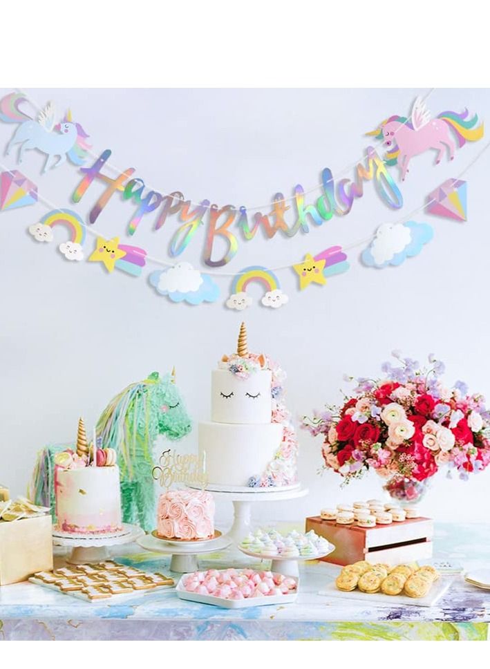 SYOSI Unicorn Banner Reusable Sparkling Happy Birthday Banner Rainbow White Cloud Star Design Party Supplies Decorations for Baby Shower Kids Girls Women Men Birthday Wall Door Decoration 4PCS - Image 5