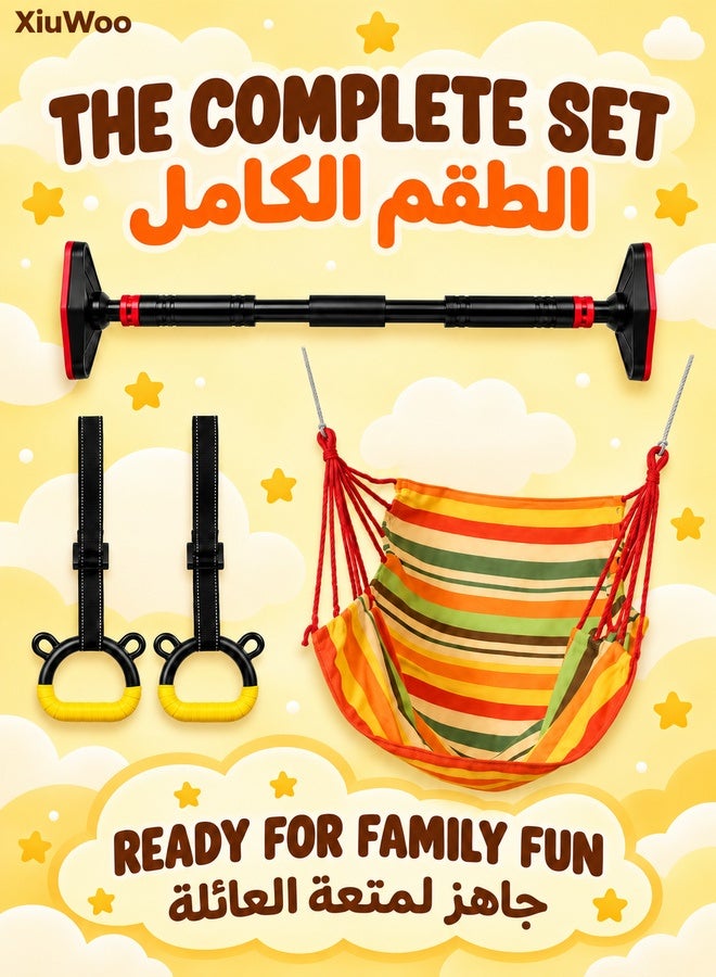 XiuWoo Kids Indoor Swing Set with Doorway Pull Up Bar, Hanging Swing Chair, Gym Rings and Adjustable Rope, Indoor Fitness and Play Set for Children, Door Frame Exercise Bar with Swing Seat, Yellow - Image 5