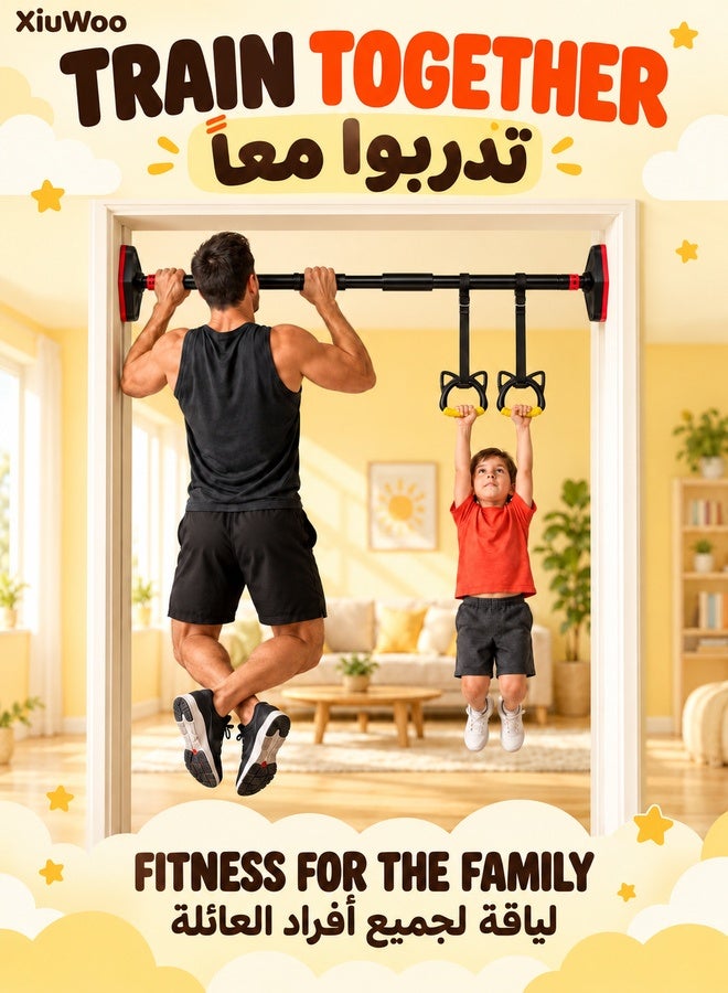 XiuWoo Kids Indoor Swing Set with Doorway Pull Up Bar, Hanging Swing Chair, Gym Rings and Adjustable Rope, Indoor Fitness and Play Set for Children, Door Frame Exercise Bar with Swing Seat, Yellow - Image 2