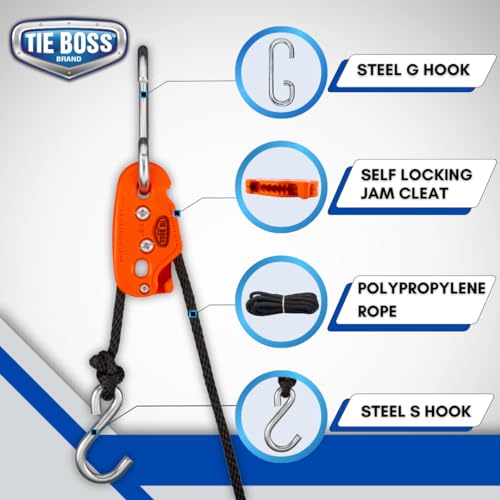 Tie Boss - 3/8 Inch, Heavy Duty, (300 lbs Working Load Limit), Weather Resistant, Tie Down, Rope Tightening System, (w/15 ft Rope) - Orange - Image 2