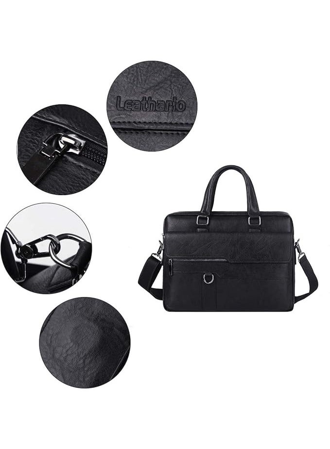 Leathario Men's Briefcase Bag Leather Messenger Shoulder Bag For Men 14" laptop Bag, Black, Messenger - Image 1