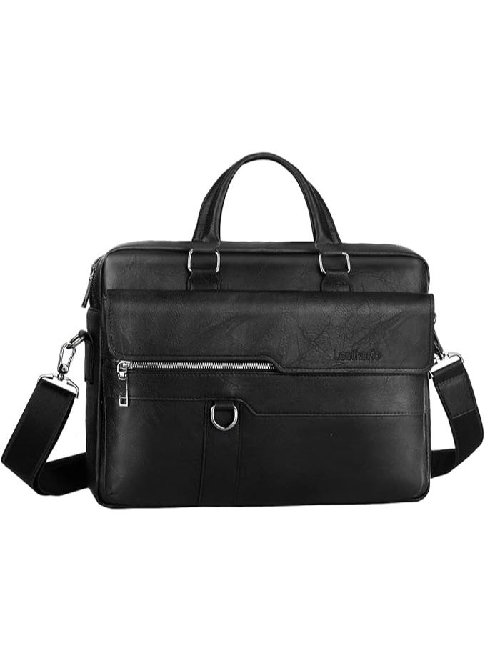 Leathario Men's Briefcase Bag Leather Messenger Shoulder Bag For Men 14" laptop Bag, Black, Messenger - Image 4
