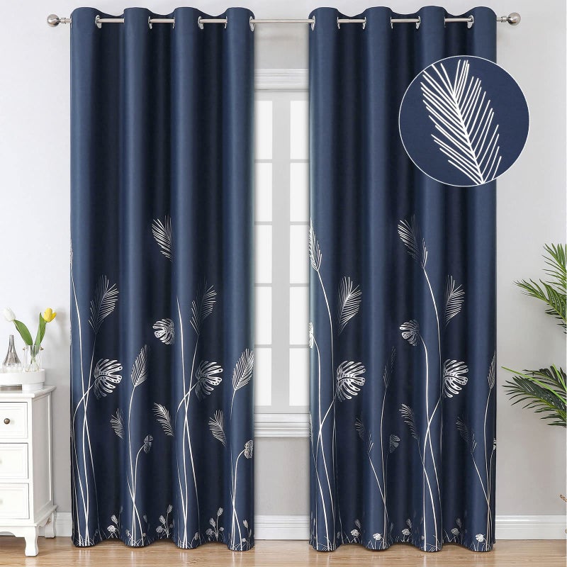 Estelar Textiler Blackout Curtains for Living Room 84 Inches Long Silver Palm Tree Printed Thermal Insulated Room Darkening Curtains for Bedroom  Navy Blue  52Wx84L  2 Panels - Image 4