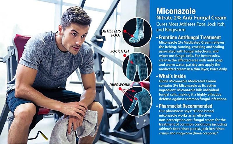 Globe Miconazole Nitrate 2% Antifungal Cream 1 oz, Cures Most Athletes Foot, Jock Itch, Ringworm and More. Compare to the Leading Name Brand - Image 1