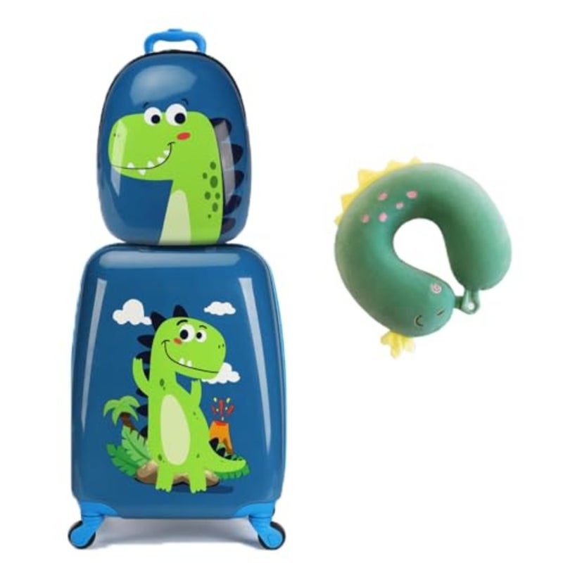 3Pcs Luggage Set, 18 Inch Travel Suitcase, Cartoon Rolling Luggages, Child Trolley Bag with 14-Inch Backpack, U-Shaped Pillow, Wheels and Telescopic Handle Blue - Image 1