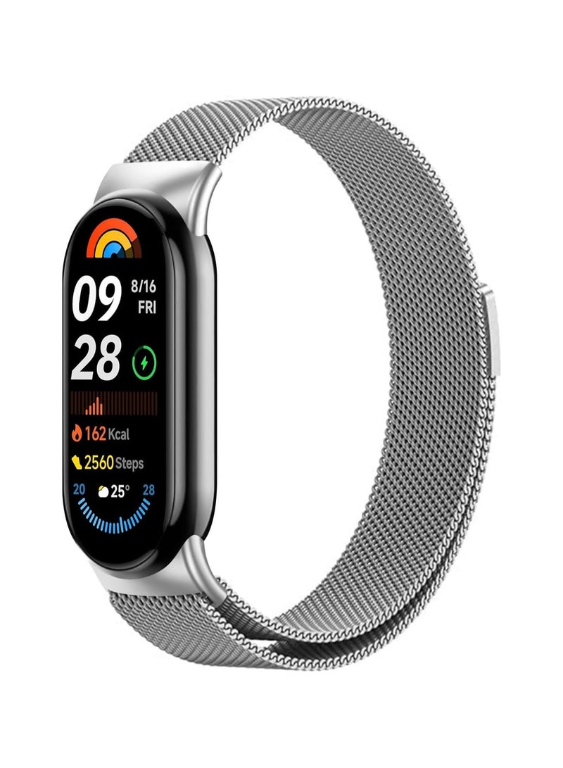Stainless Steel Strap Replacement for Xiaomi Mi Band 9/8,Adjustable Metal Replacement Strap with Magnetic Buckle for Xiaomi Mi Band 9/8 for Women Men,Silver - Image 1