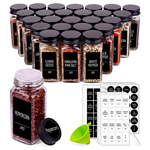 Churboro 36 Spice Jars with 547 Labels- Glass Spice Jars with Black Metal Caps, 4oz Empty Spice Containers with Shaker Lids, Funnel, Chalk Pen, Square Seasoning Bottles for Spice Rack, Drawer, Cabinet - Image 1