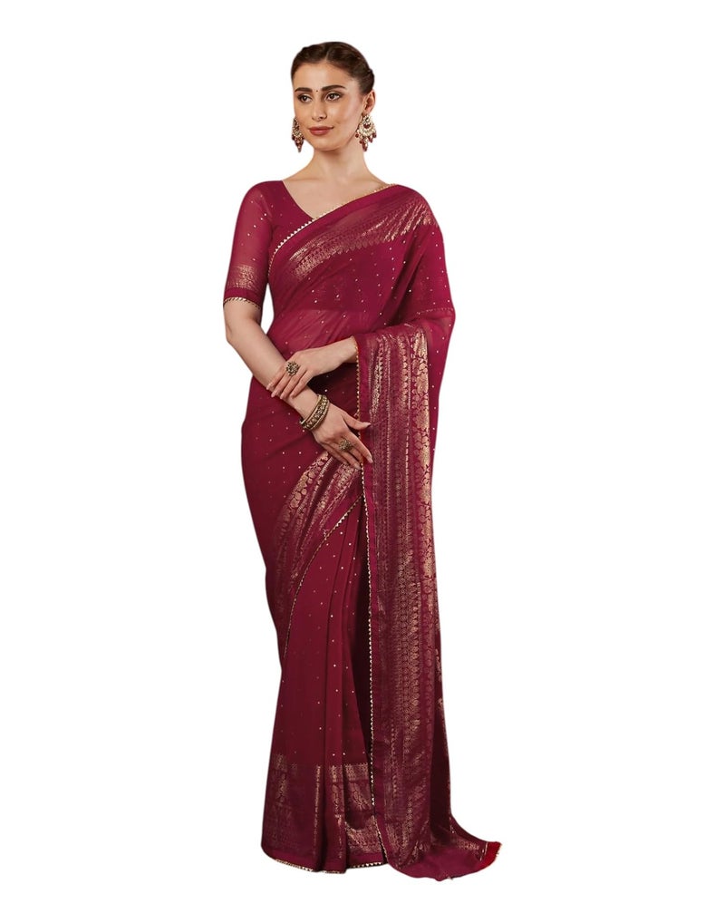 Shiv Textiles Women's Georgette Foil Printed & Lace Saree(SAT-569-Wine) - Image 1