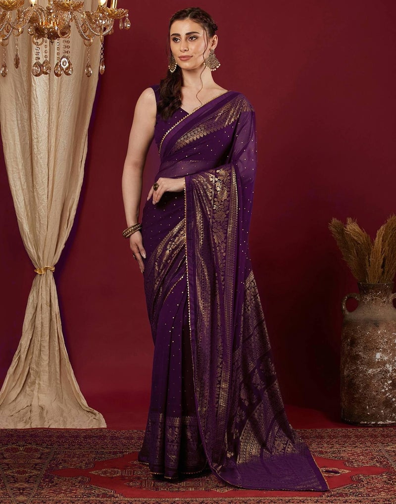 Shiv Textiles Women's Georgette Foil Printed & Lace Saree(SAT-569-Wine) - Image 2