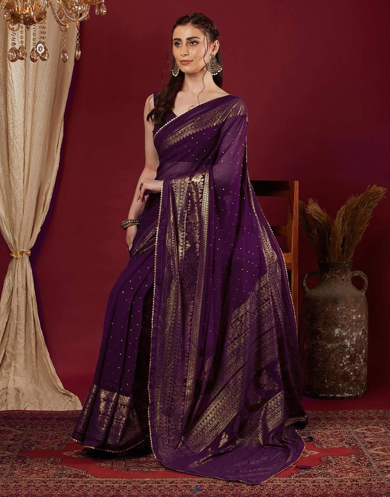 Shiv Textiles Women's Georgette Foil Printed & Lace Saree(SAT-569-Wine) - Image 3