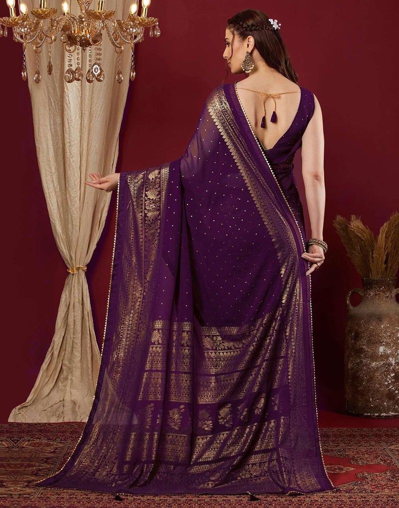 Shiv Textiles Women's Georgette Foil Printed & Lace Saree(SAT-569-Wine) - Image 4
