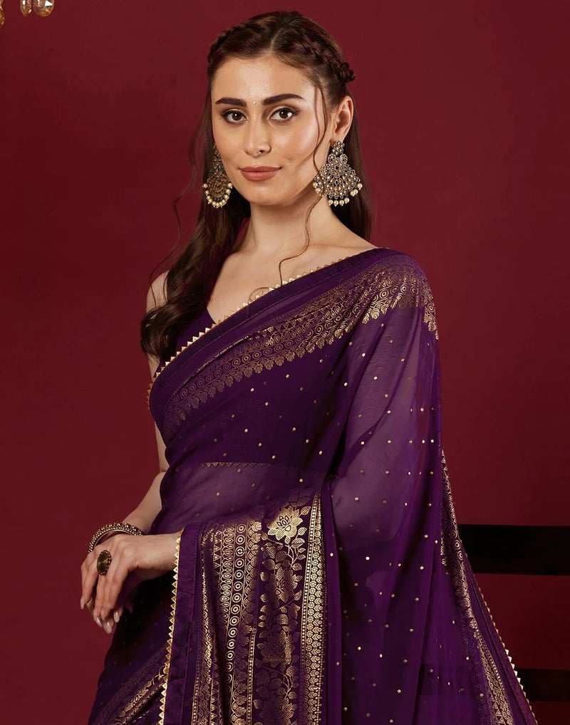 Shiv Textiles Women's Georgette Foil Printed & Lace Saree(SAT-569-Wine) - Image 5