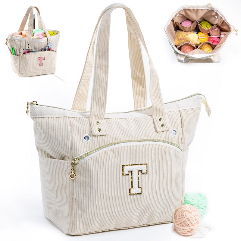 MYBAGZING Initial Personalized Crochet Tote Corduroy Yarn Storage Holder Organizer for Hooks Accessories Project Knitting Bag Crochet Lover Gift - Image 2