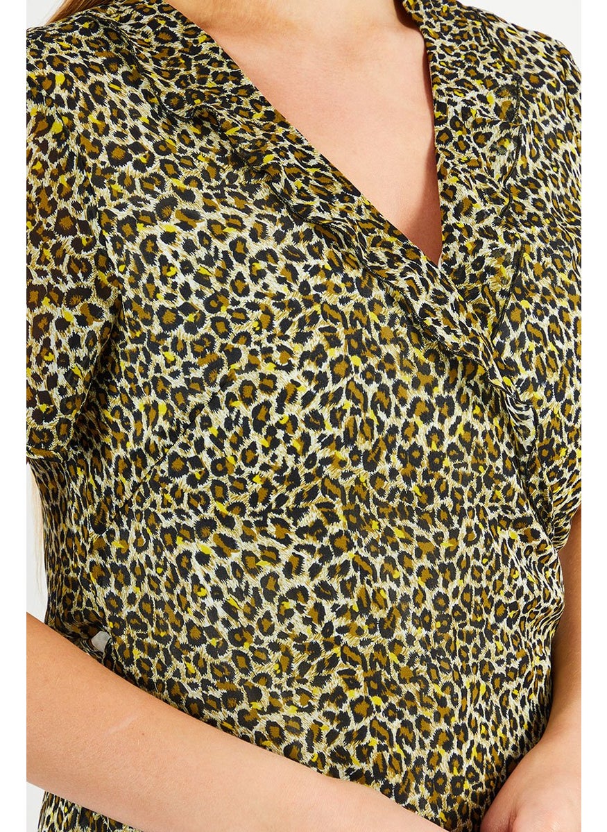 One Step Women Animal Print Short Sleeve Wrap Dress, Black  - Image 3