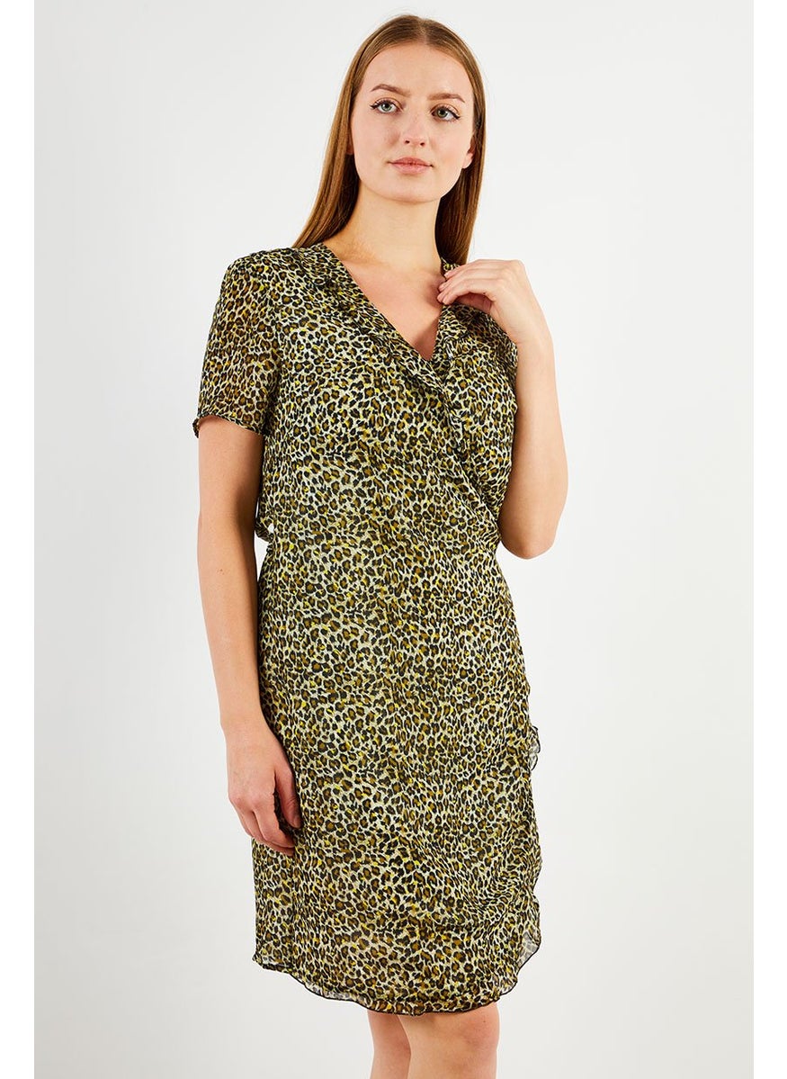 One Step Women Animal Print Short Sleeve Wrap Dress, Black  - Image 1