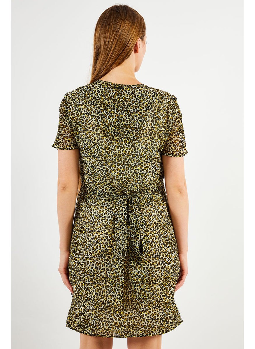 One Step Women Animal Print Short Sleeve Wrap Dress, Black  - Image 4