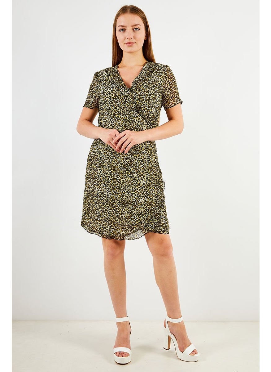 One Step Women Animal Print Short Sleeve Wrap Dress, Black  - Image 2