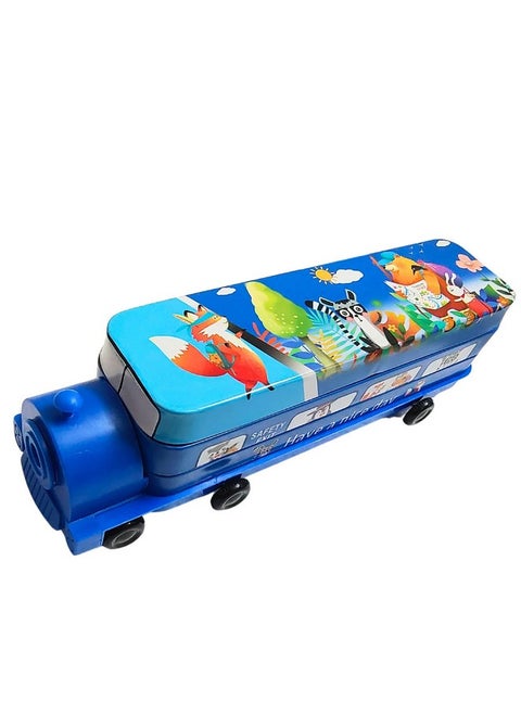 Double Decker Jungle Treasure Magic Bus Compass 2 Layer Metal Bus Compass Pencil Case With Movable Wheels & Sharpener - Blue