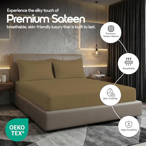 LINENWALAS Cotton 300 TC Fitted Bed Sheet for Queen Bed | Signature 2 CM Sateen Stripe Design | All-Around Elastic for 4–8 Inch Mattresses | Luxury Hotel-Style Bedding (60 x 78, Mocha) - Image 5