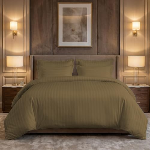 LINENWALAS Cotton 300 TC Fitted Bed Sheet for Queen Bed | Signature 2 CM Sateen Stripe Design | All-Around Elastic for 4–8 Inch Mattresses | Luxury Hotel-Style Bedding (60 x 78, Mocha) - Image 1
